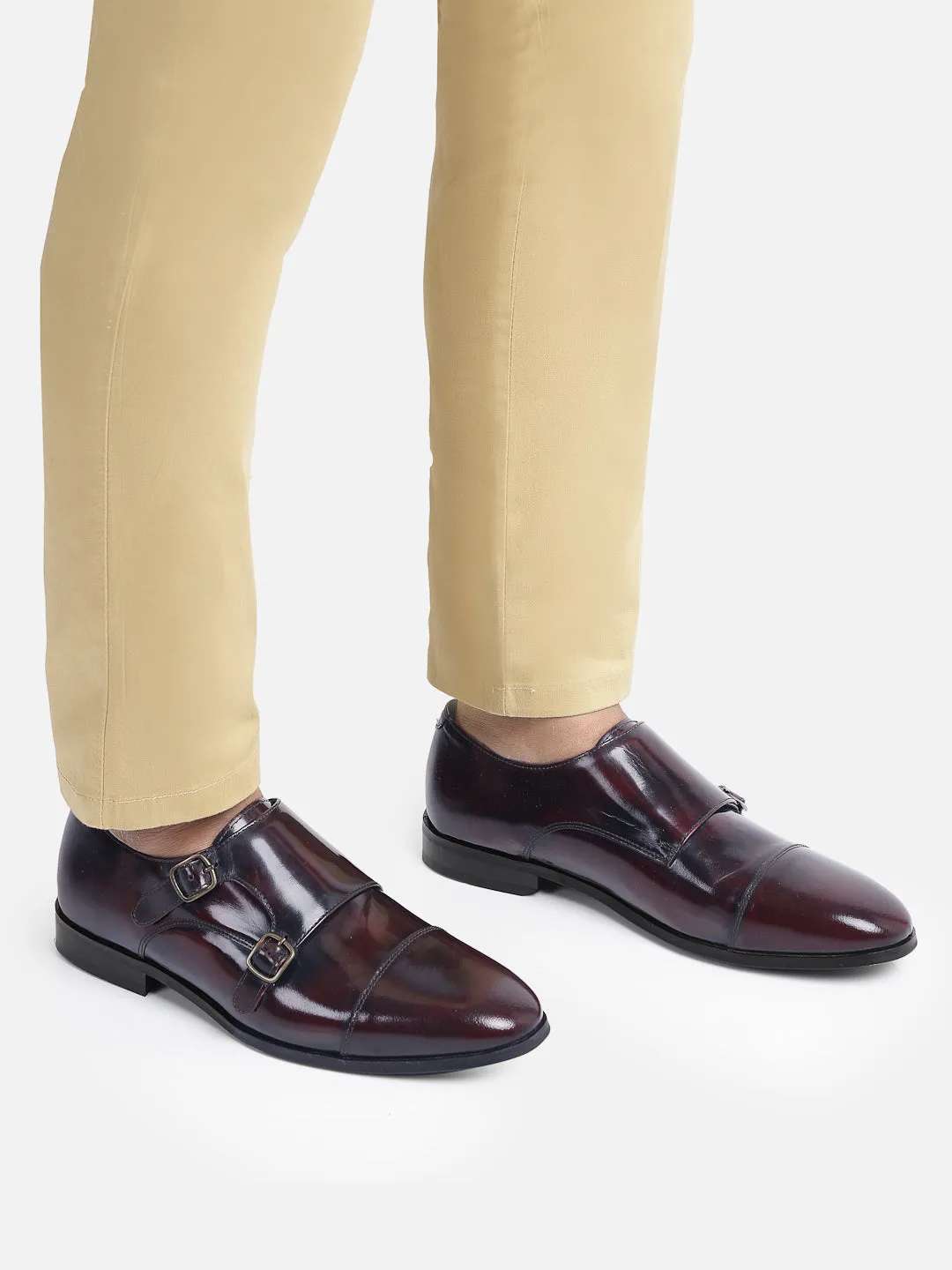 Leather Monk Burgundy Formal Shoes For Men