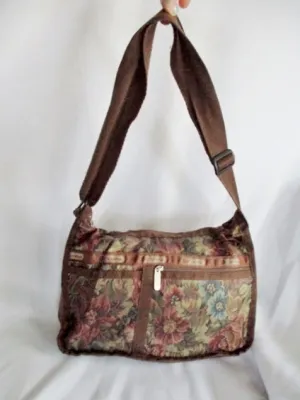 LESPORTSAC Nylon shoulder bag purse crossbody Le Sport Sac BROWN FLORAL Vegan