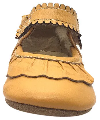 Livie & Luca Girl's Ruche Ruffled Butterscotch Leather Hook and Loop Mary Jane Shoe