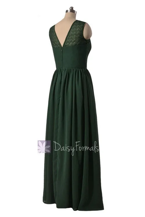 Long Chiffon Bridesmaid Dress Green Formal Dress W/Lace Illusion Neckline(BM2529L)