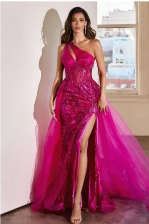 Magenta One Shoulder Glitter & Tulle Gown