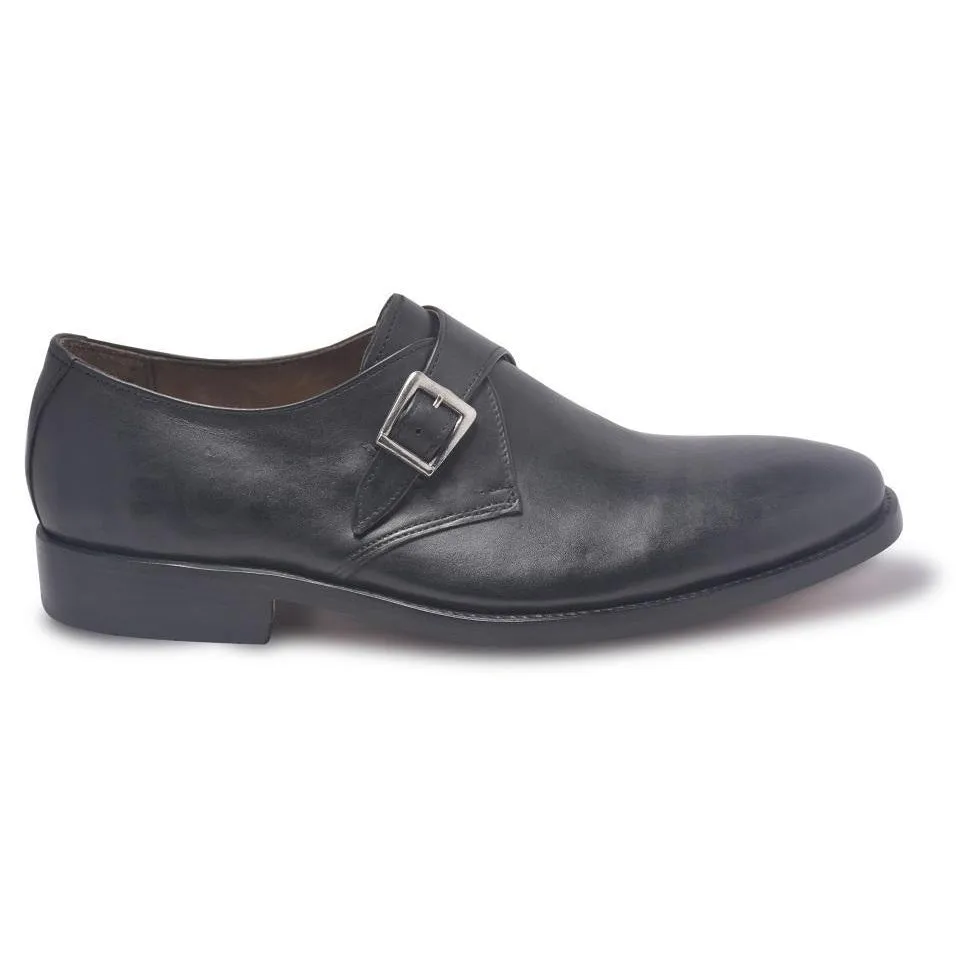 Men Black Single Monk Strap Genuine Leather Shoes