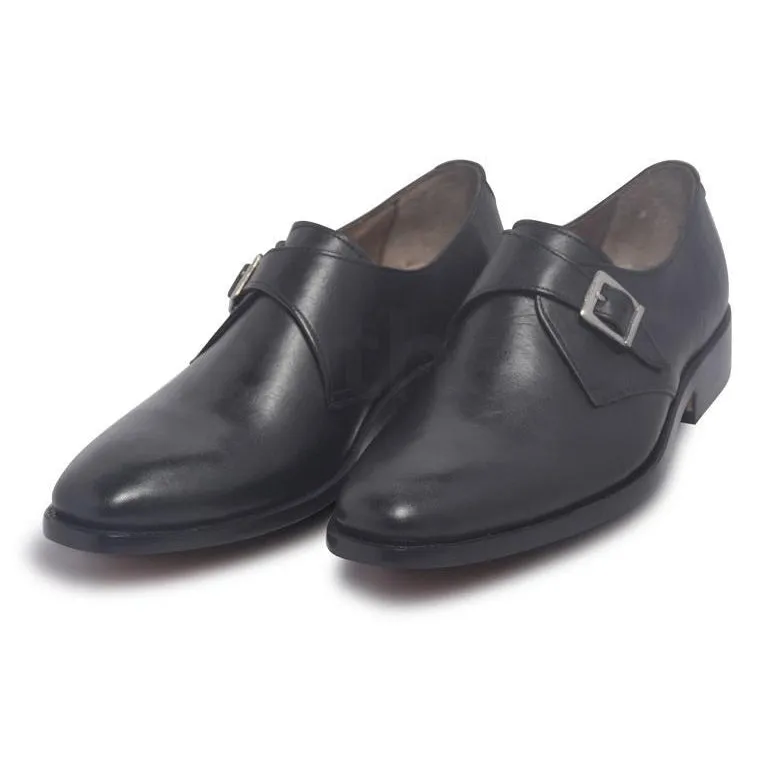 Men Black Single Monk Strap Genuine Leather Shoes