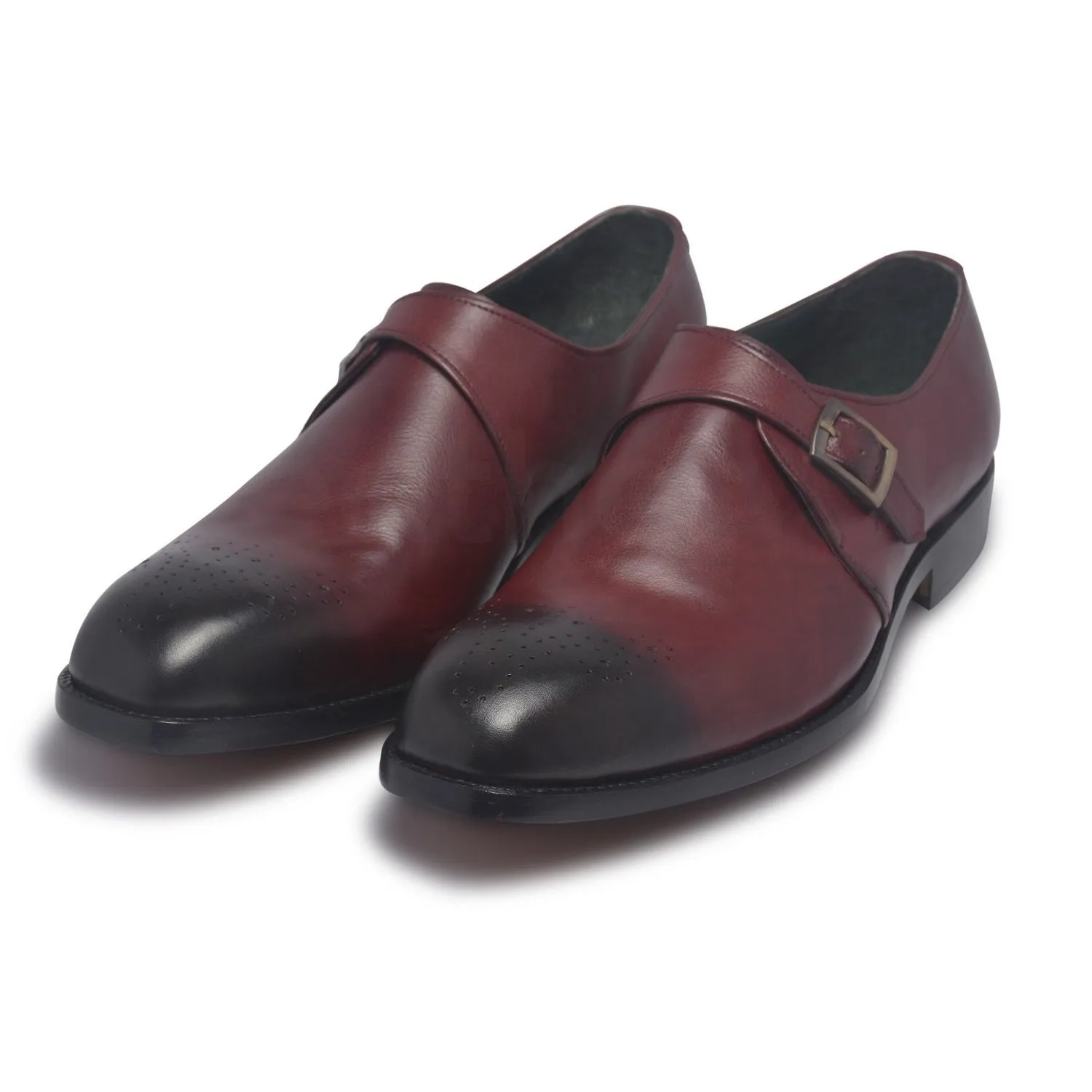 Men Two Tone Red Single Monk Brogue Genuine Leather Shoes