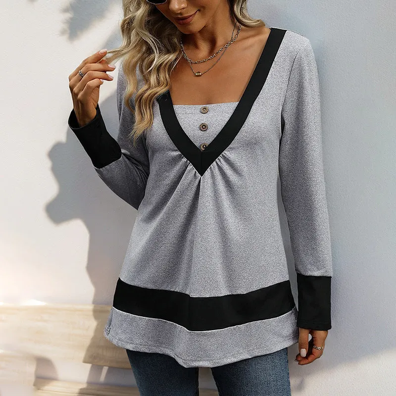 METAVERSMALL 2025 foreign trade  simple solid color long-sleeved T-shirt color matching contrasting color casual home T-shirt top women