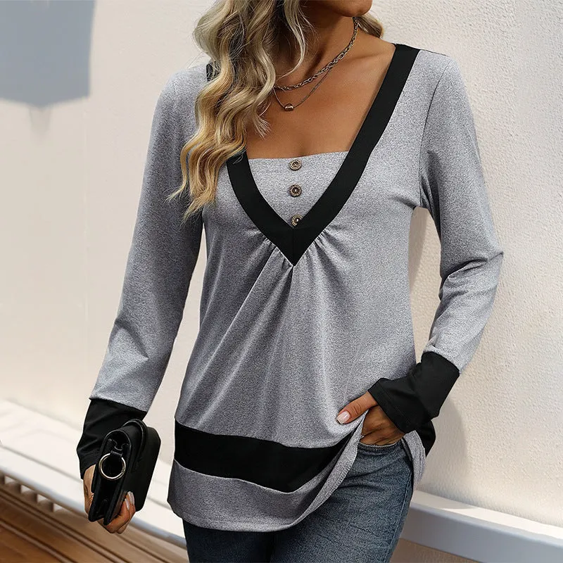 METAVERSMALL 2025 foreign trade  simple solid color long-sleeved T-shirt color matching contrasting color casual home T-shirt top women