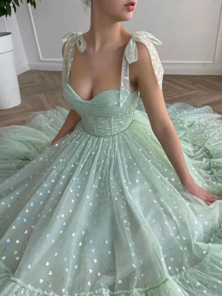 Mint Green Tulle Tea Length Prom Dress Wedding Reception Dress