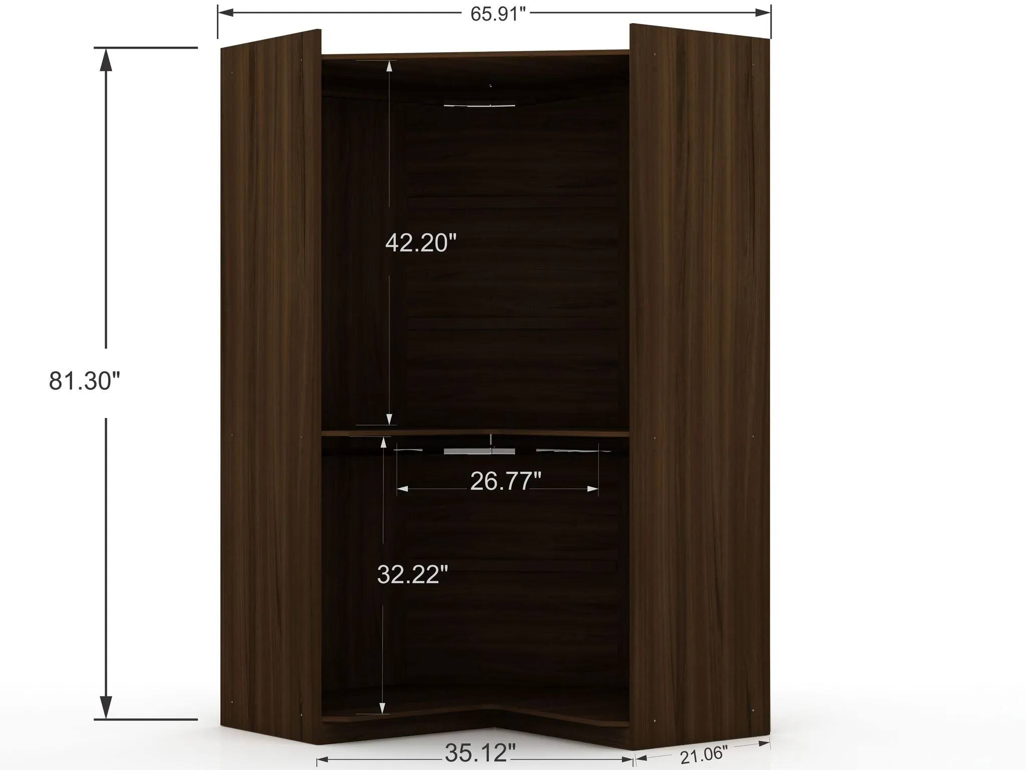 Mulberry 2.0 Modern Corner Wardrobe Closet with 2 Hanging Rods in Brown