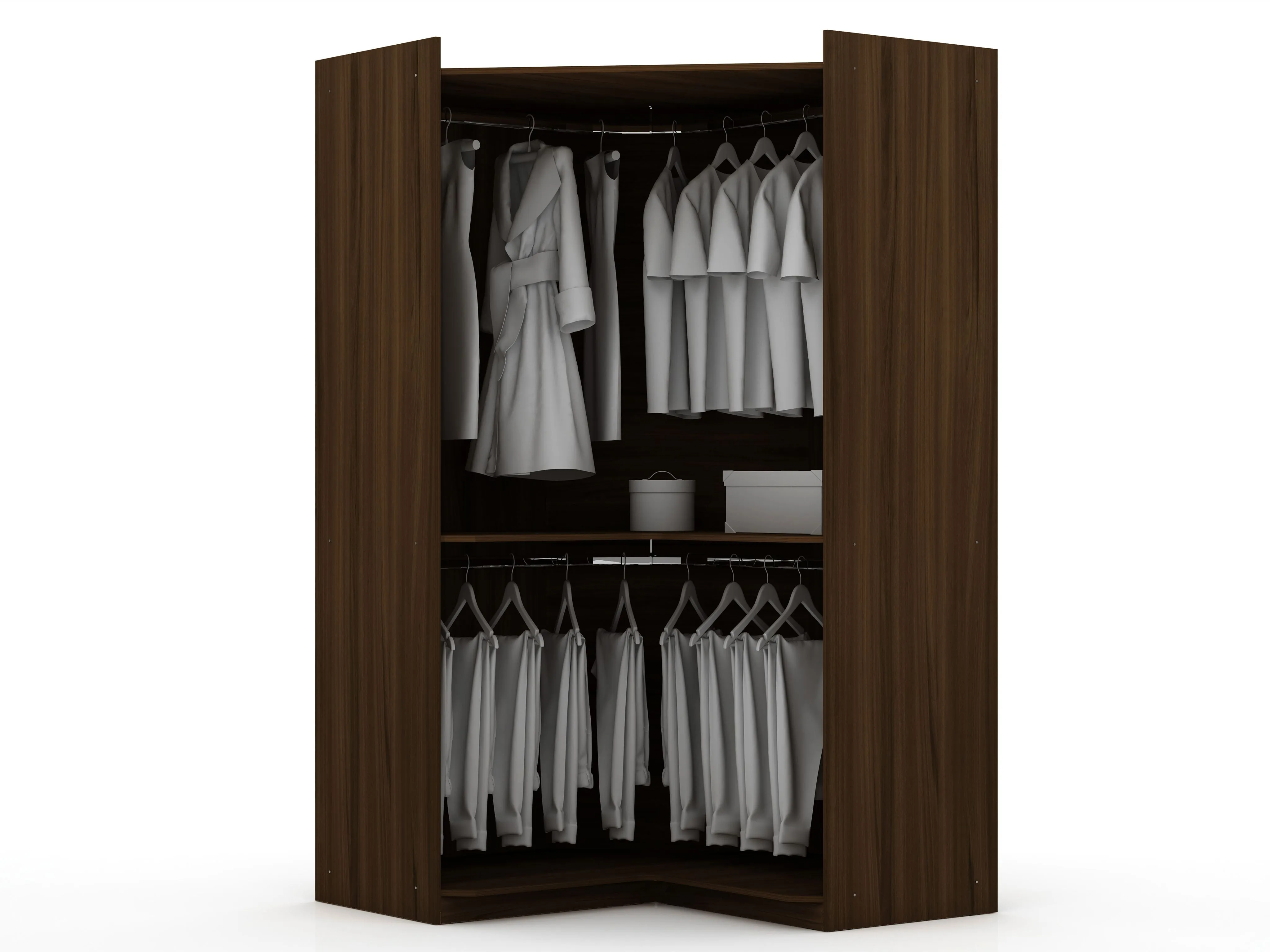 Mulberry 2.0 Modern Corner Wardrobe Closet with 2 Hanging Rods in Brown