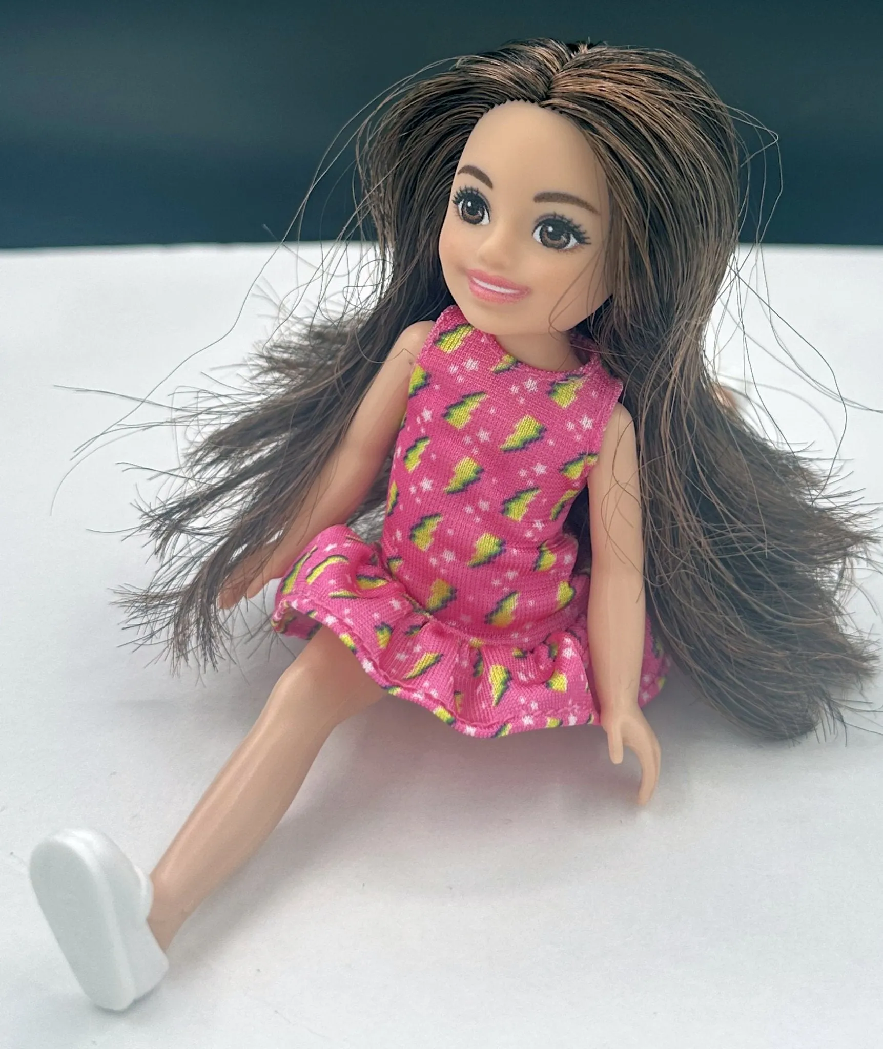 New Arrival | 6" Brunette Chelsea Doll-Removable Back Brace and Pink Dress