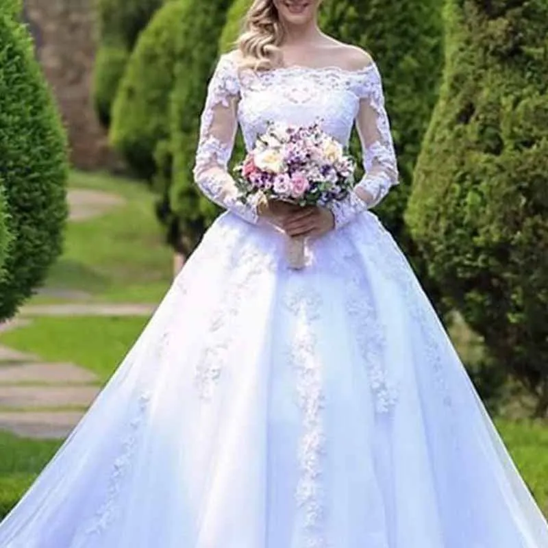 Off Shoulder Long Sleeves Lace Wedding Dress Bridal Gown