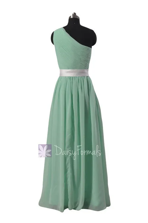 One Shoulder Mint Green Bridesmaid Dress Chiffon Party Dress W/Fabric Flowers(BM140211)