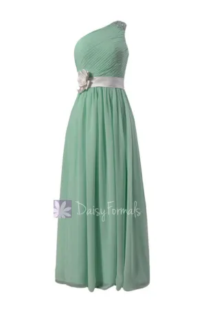 One Shoulder Mint Green Bridesmaid Dress Chiffon Party Dress W/Fabric Flowers(BM140211)