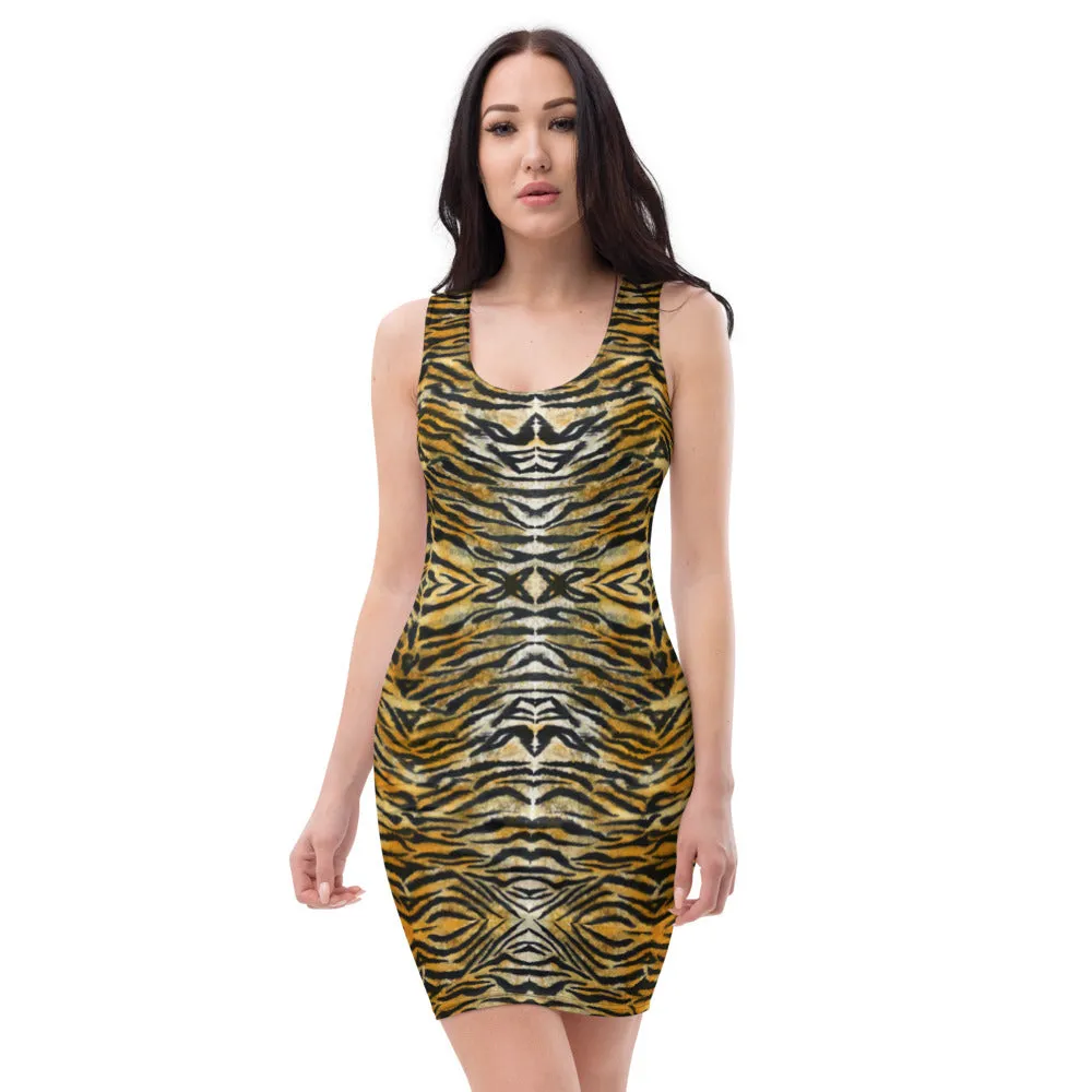 Orange Tiger Striped Women's Dress, Brown Animal Print Designer Ladies' Sleeveless Dress-Made in USA/EU/MX