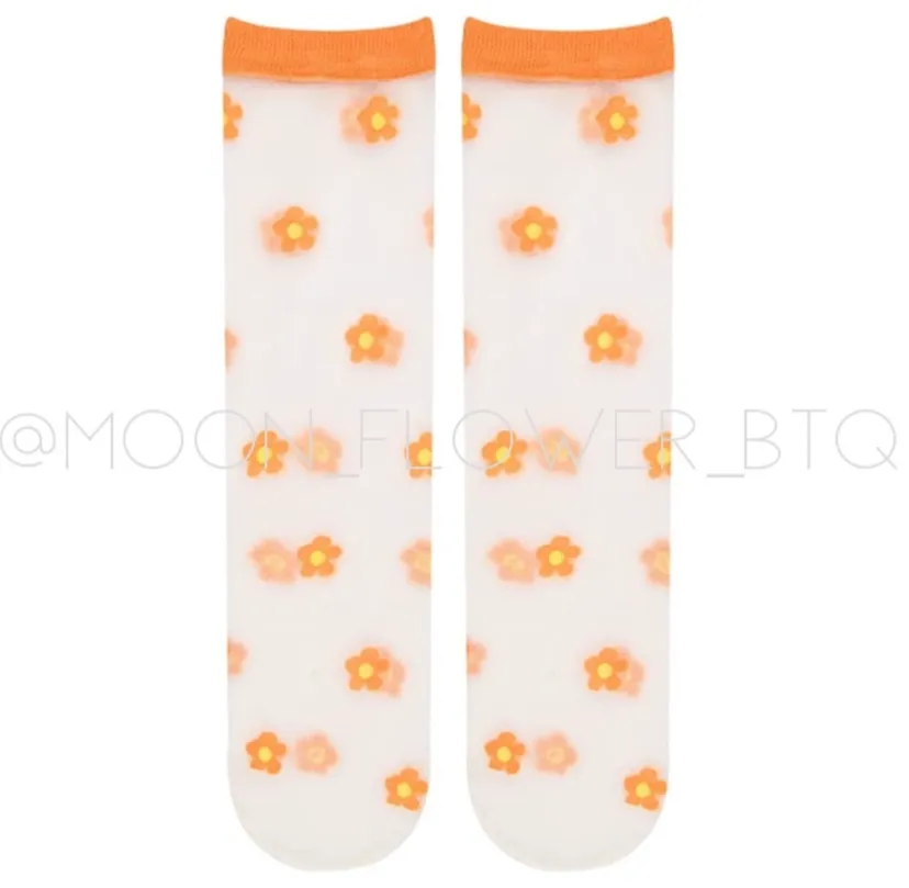 Orange Trendy Summer Floral Mesh Daisy Flower Socks