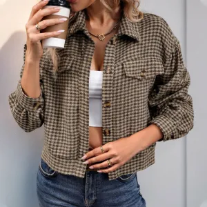 PEOPLETERRITORY Autumn Casual Jacket New Autumn  Plaid Short Jacket New Lapel Long Sleeve Top