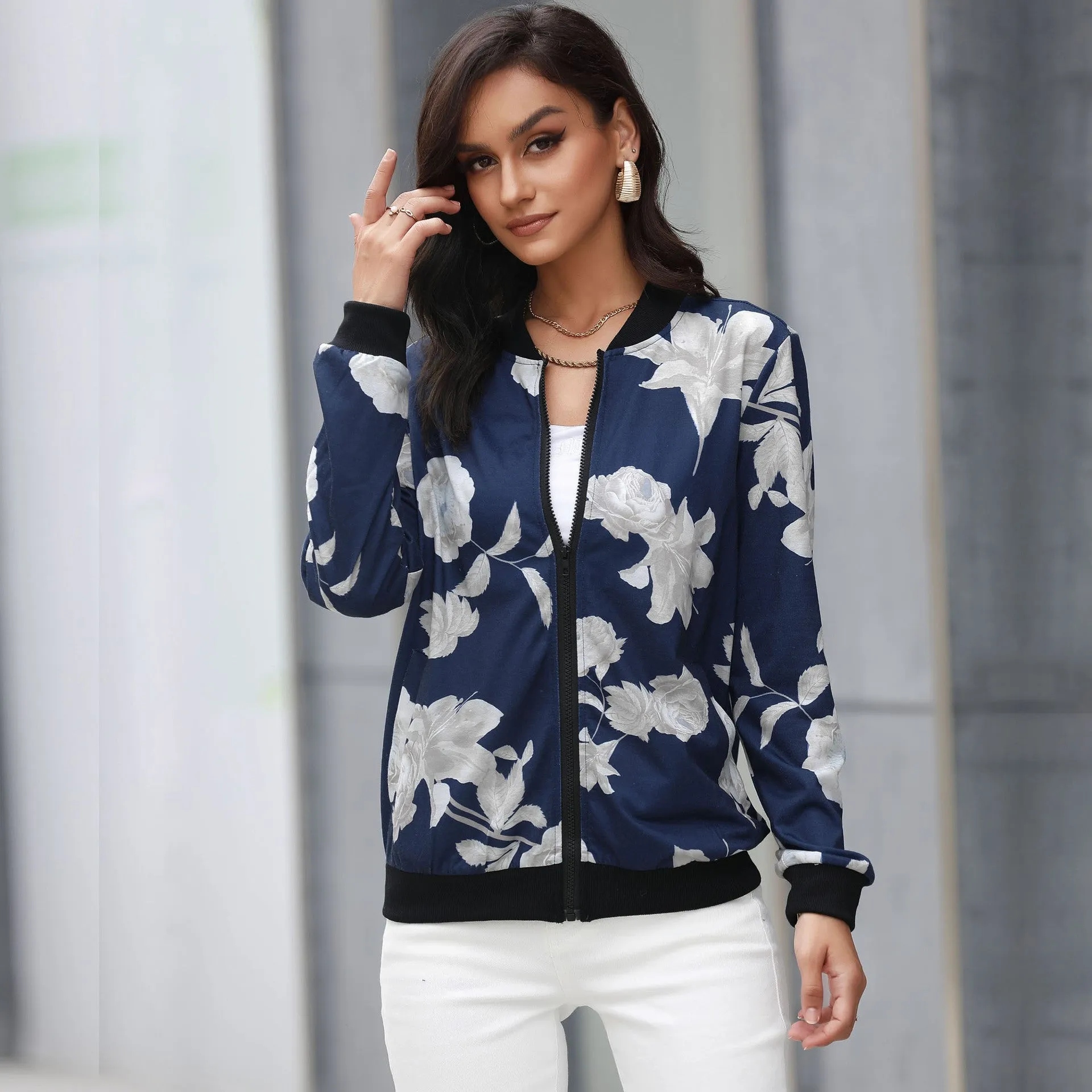 PEOPLETERRITORY New autumn new baseball jacket   trade women's retro printed zipper jacket