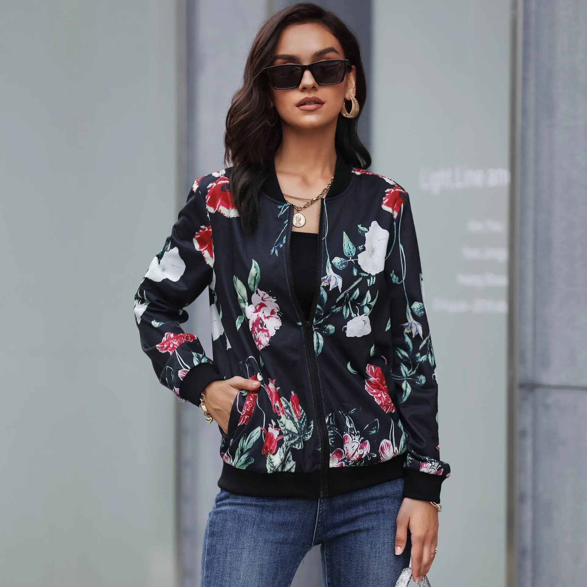 PEOPLETERRITORY New autumn new baseball jacket   trade women's retro printed zipper jacket