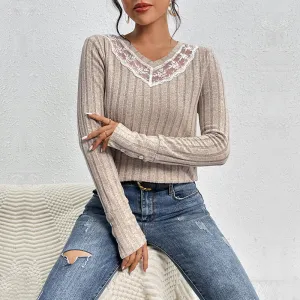 PEOPLETERRITORY   New autumn new product pullover slim T-shirt lace splicing V-neck texture pit strip knitted top