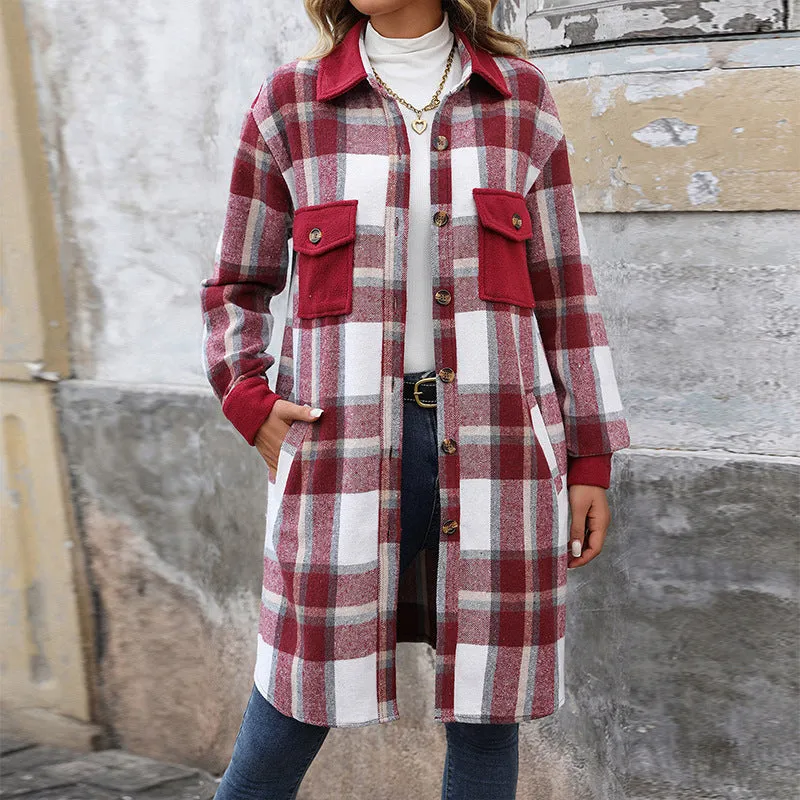 PEOPLETERRITORY New Hot Trade New New European, American Autumn and Winter Women's Clothing  Grinding Plaid Long Jacket Women