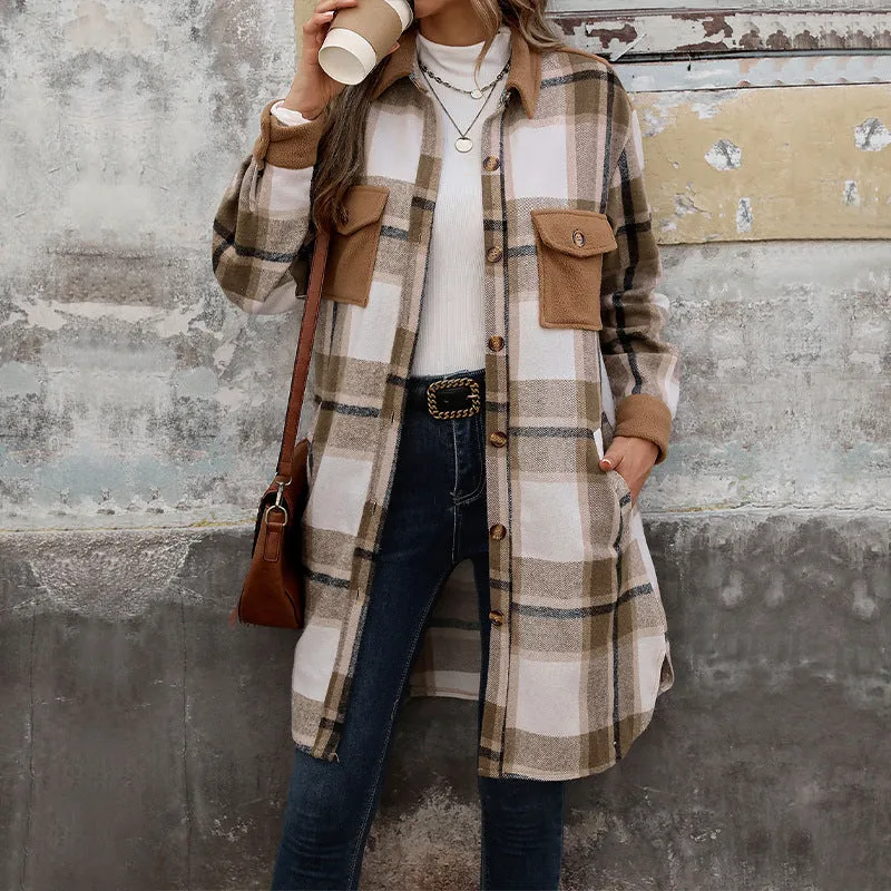 PEOPLETERRITORY New Hot Trade New New European, American Autumn and Winter Women's Clothing  Grinding Plaid Long Jacket Women