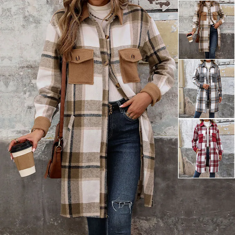 PEOPLETERRITORY New Hot Trade New New European, American Autumn and Winter Women's Clothing  Grinding Plaid Long Jacket Women