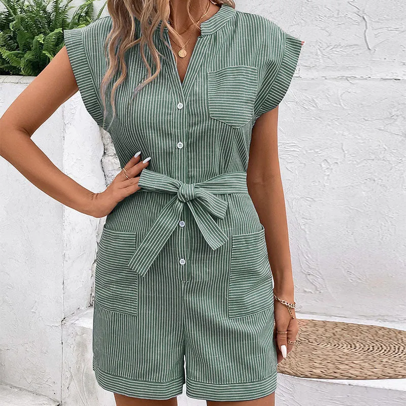 PEOPLETERRITORY New Hot Trade  Popular  Summer Women's  Pinstriped Short Sleeve Jumpsuit Shorts