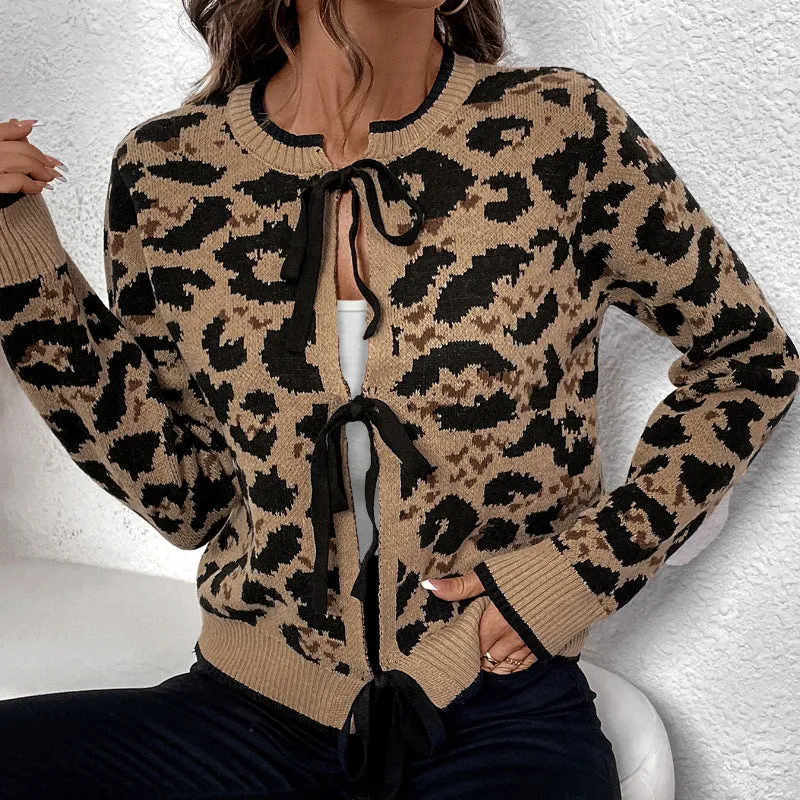 PEOPLETERRITORY   new leopard print bow straps knitted sweater autumn and winter long-sleeved cardigan top