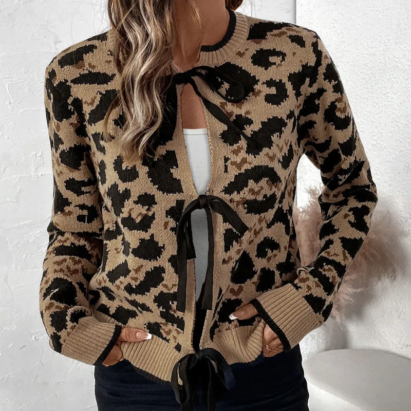 PEOPLETERRITORY   new leopard print bow straps knitted sweater autumn and winter long-sleeved cardigan top