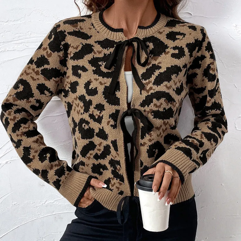 PEOPLETERRITORY   new leopard print bow straps knitted sweater autumn and winter long-sleeved cardigan top