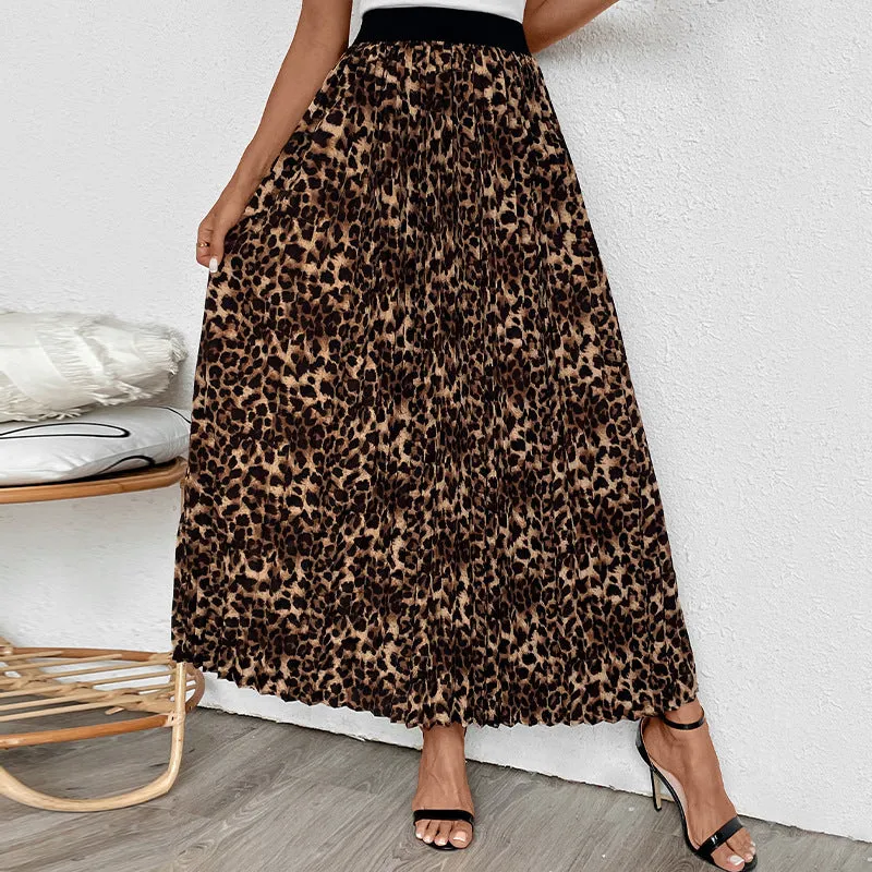 PEOPLETERRITORY   new solid color pleated skirt temperament commuter pleated New autumn and winter leopard print skirt