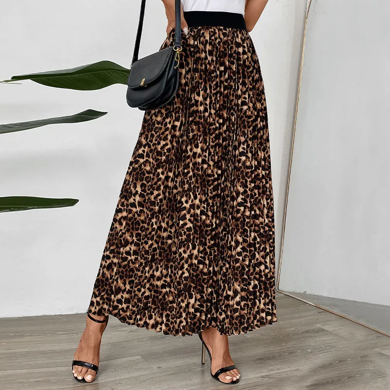 PEOPLETERRITORY   new solid color pleated skirt temperament commuter pleated New autumn and winter leopard print skirt