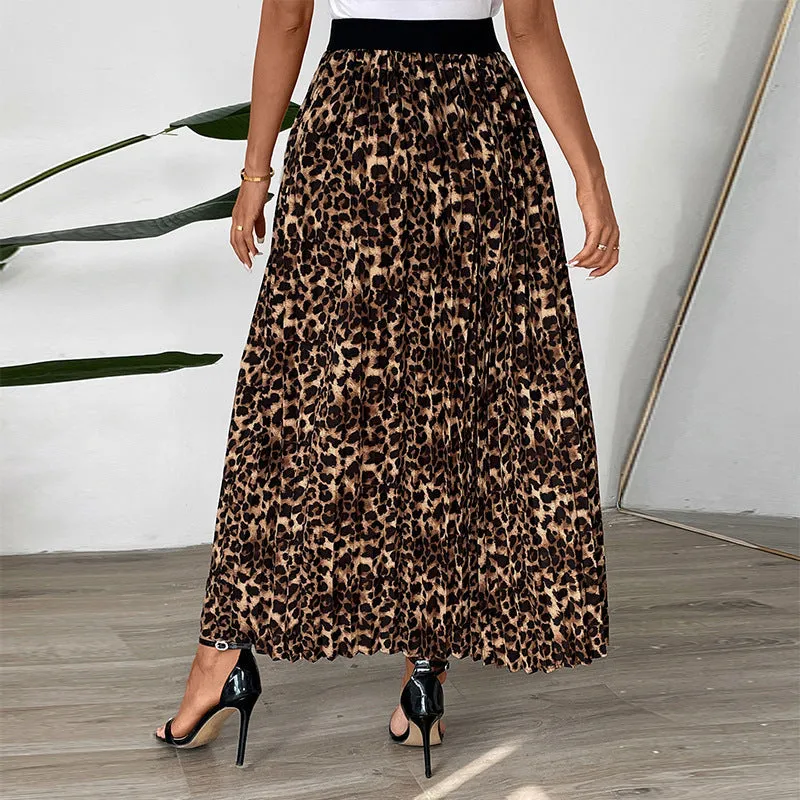 PEOPLETERRITORY   new solid color pleated skirt temperament commuter pleated New autumn and winter leopard print skirt