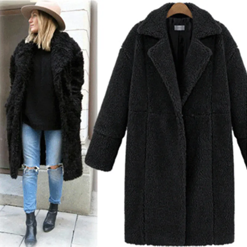 PEOPLETERRITORY New  winter women's clothing fleece solid color  trade medium and long woolen coat thickened coat