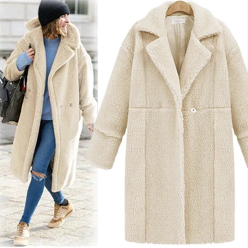 PEOPLETERRITORY New  winter women's clothing fleece solid color  trade medium and long woolen coat thickened coat