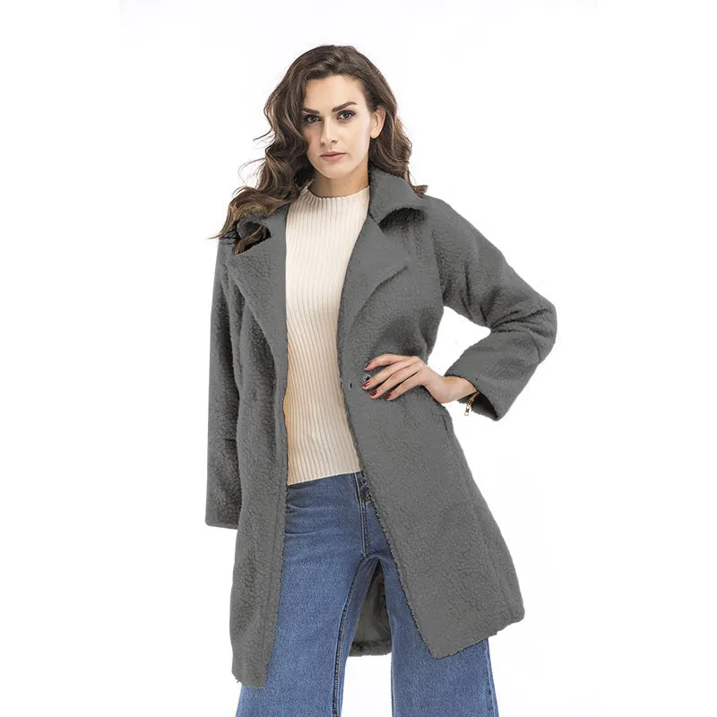 PEOPLETERRITORY New  winter women's clothing fleece solid color  trade medium and long woolen coat thickened coat