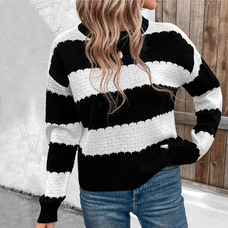 PEOPLETERRITORY  new  women's clothing  crew neck sweater top black and white contrasting striped knitted pullover