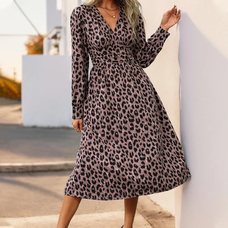 PEOPLETERRITORY 's new leopard print long-sleeved dress,   temperament commuting high-waisted V-neck women's long dress