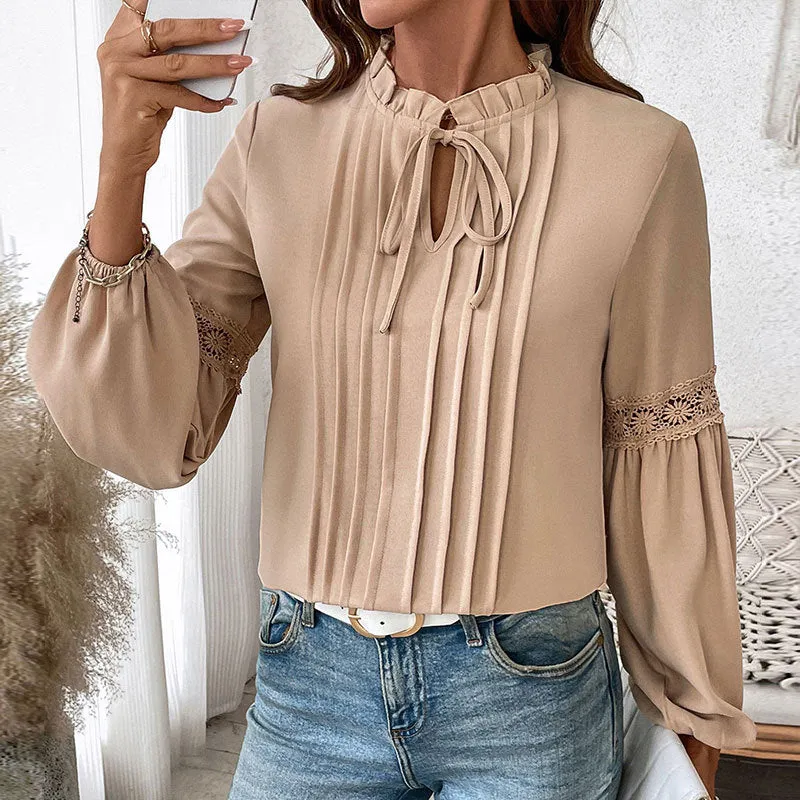 PEOPLETERRITORY 's new v-neck temperament shirt top   autumn solid color casual lace-up V-neck shirt women