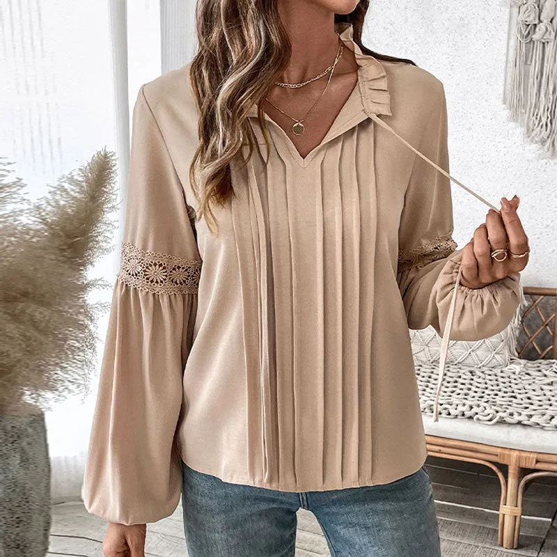 PEOPLETERRITORY 's new v-neck temperament shirt top   autumn solid color casual lace-up V-neck shirt women