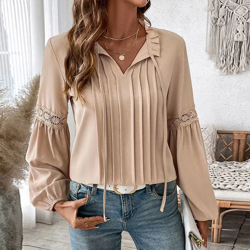 PEOPLETERRITORY 's new v-neck temperament shirt top   autumn solid color casual lace-up V-neck shirt women