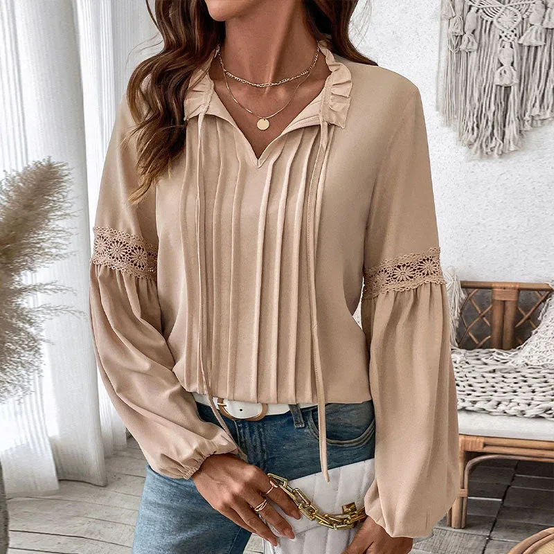 PEOPLETERRITORY 's new v-neck temperament shirt top   autumn solid color casual lace-up V-neck shirt women