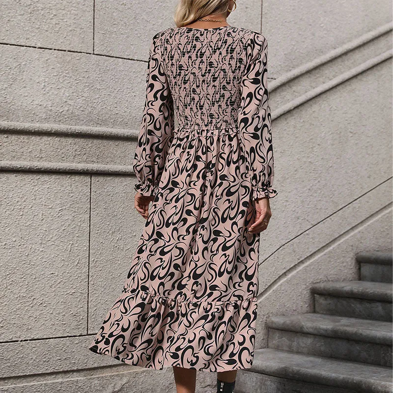 PEOPLETERRITORY  trade long dress New autumn and winter new  women's clothing  V-neck long-sleeved printed dress