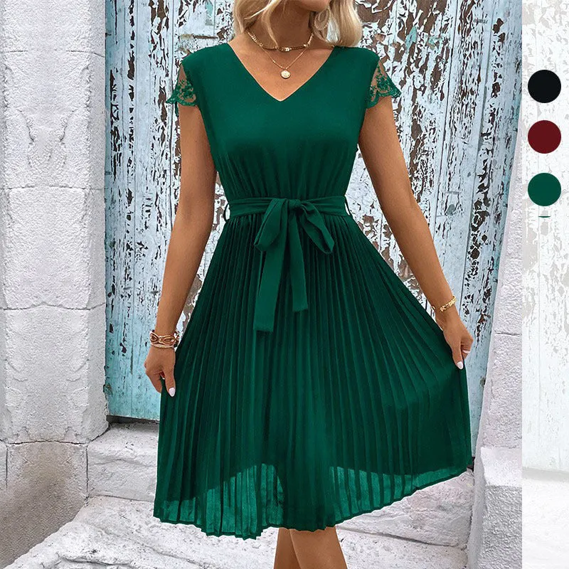 PEOPLETERRITORY  trade New summer new   women's clothing lace splicing solid color pleated dress