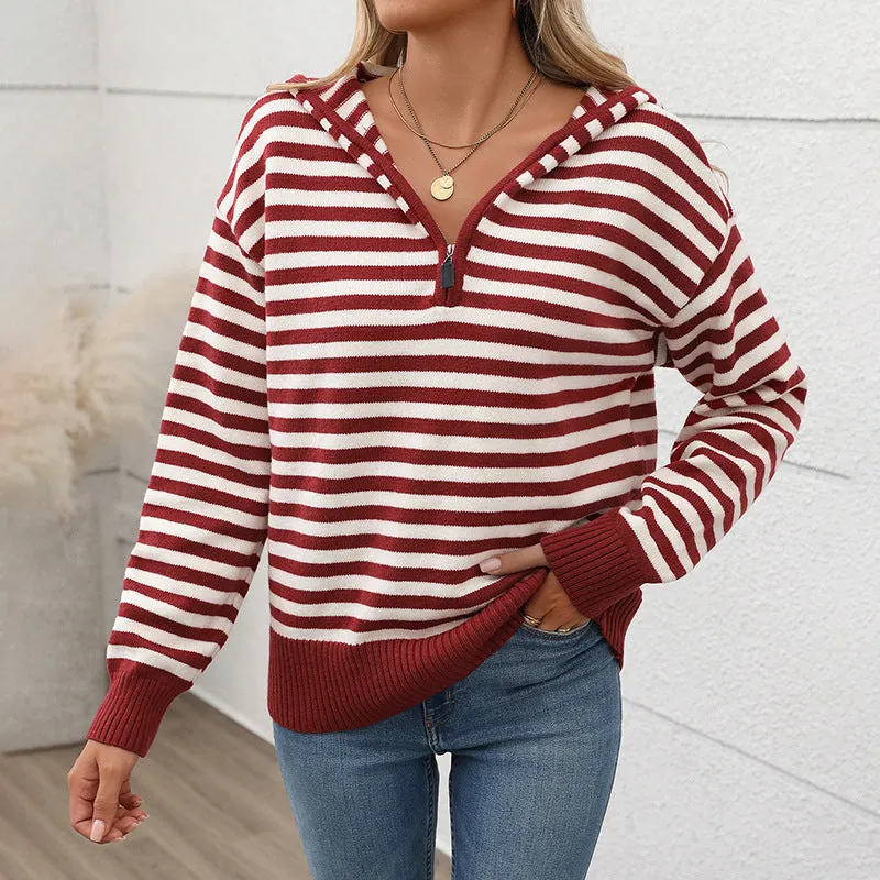 PEOPLETERRITORY    trade women's clothing autumn v-neck striped pullover knitted sweater ins Korean style Christmas hooded sweater women