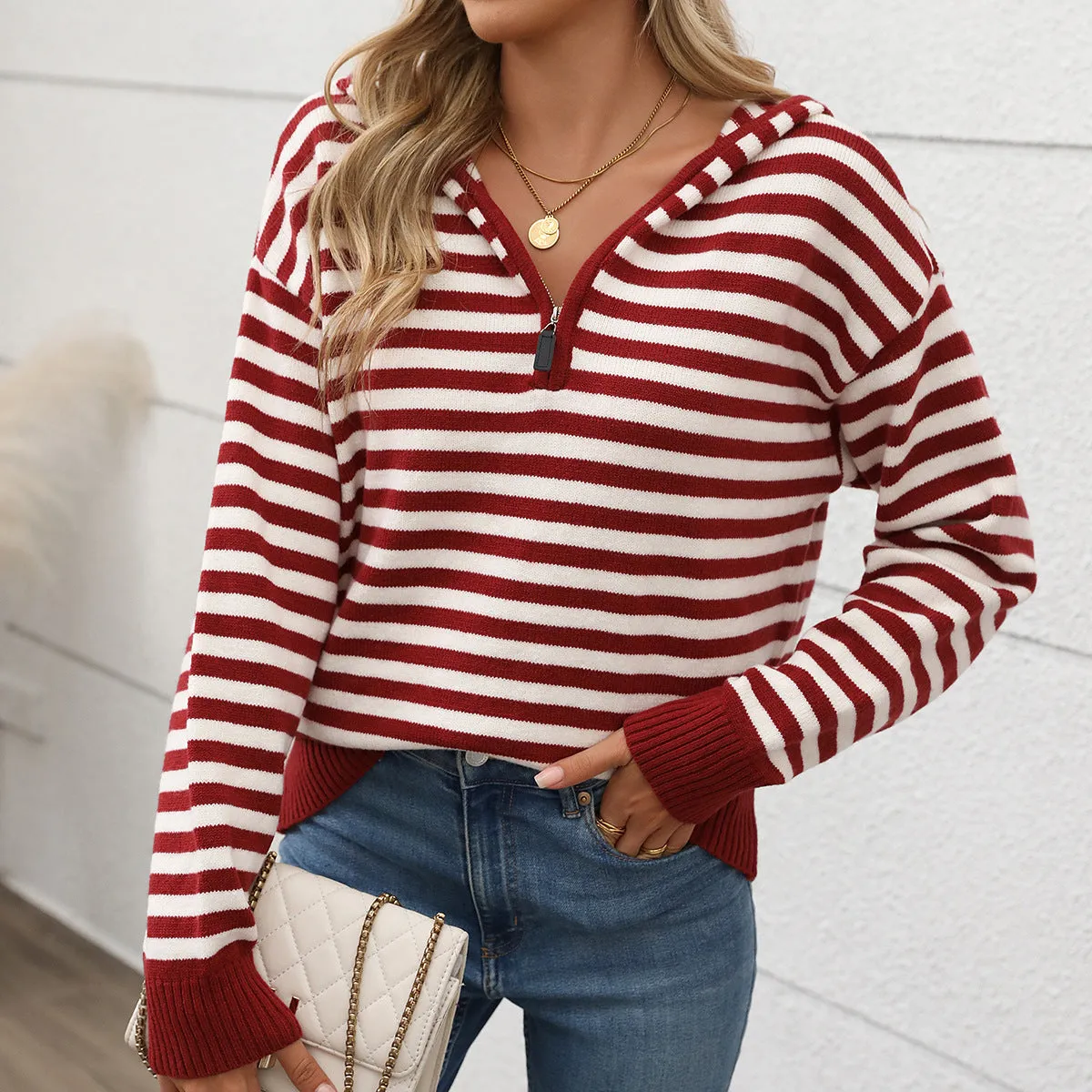 PEOPLETERRITORY    trade women's clothing autumn v-neck striped pullover knitted sweater ins Korean style Christmas hooded sweater women