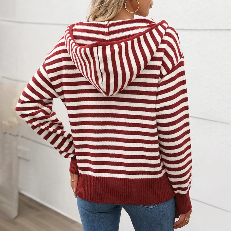 PEOPLETERRITORY    trade women's clothing autumn v-neck striped pullover knitted sweater ins Korean style Christmas hooded sweater women