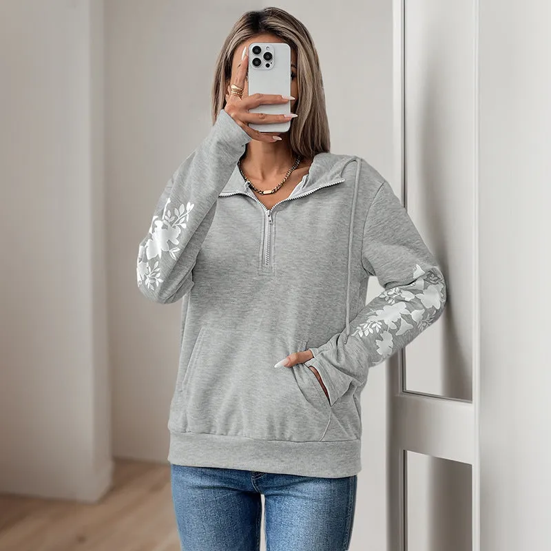 PEOPLETERRITORY women's clothing new solid-color hooded sweater   printed long-sleeved thin pullover women's sweater