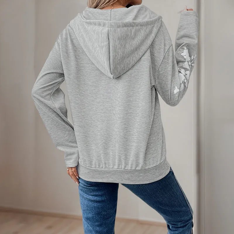 PEOPLETERRITORY women's clothing new solid-color hooded sweater   printed long-sleeved thin pullover women's sweater