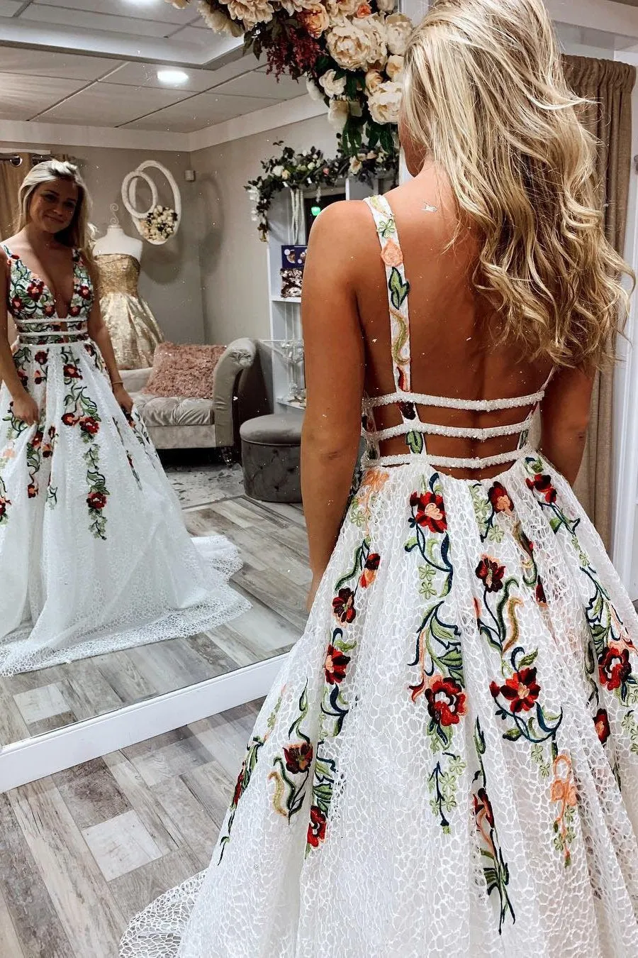 Princess V Neck Floral Embroidery Long Prom Dress with Pocket, Long Lace Prom Dresses